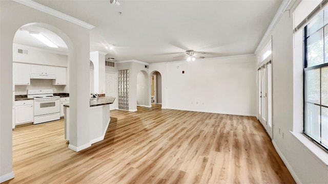 living room featuring ceiling fan, crown molding, and plenty of natural light