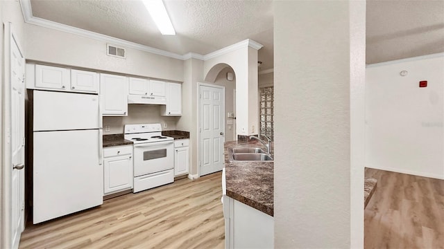 kitchen featuring white appliances, white cabinets, a textured ceiling, sink, and ornamental molding