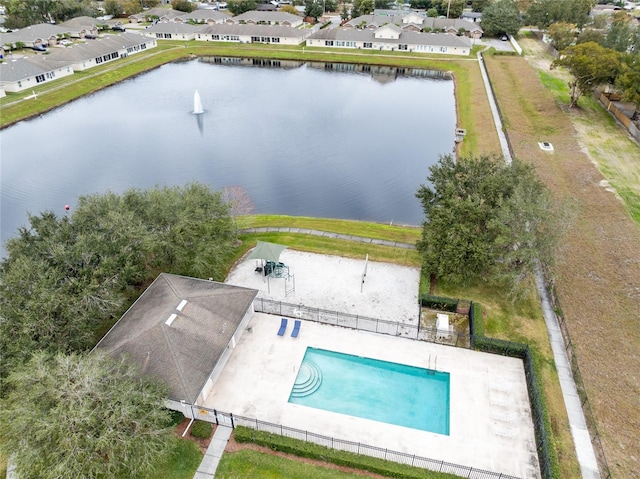 drone / aerial view with a water view