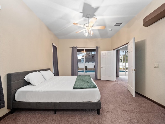 bedroom with ceiling fan, access to outside, and carpet