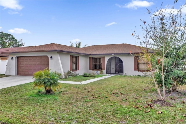 ranch-style house with a garage and a front lawn