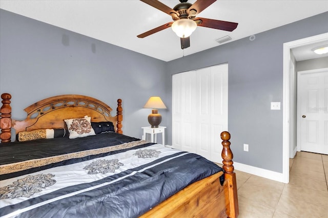 tiled bedroom featuring ceiling fan and a closet