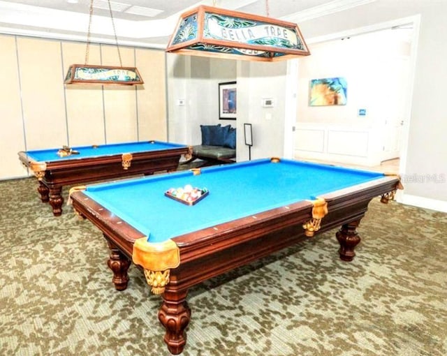 recreation room featuring pool table, carpet floors, and ornamental molding