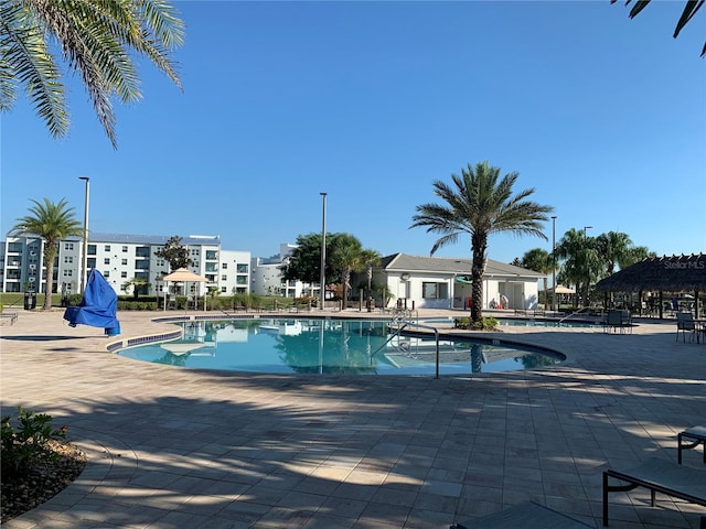 view of swimming pool with a patio area