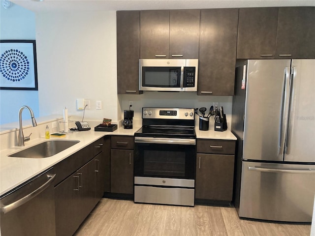 kitchen featuring sink, stainless steel appliances, light wood-type flooring, and dark brown cabinets