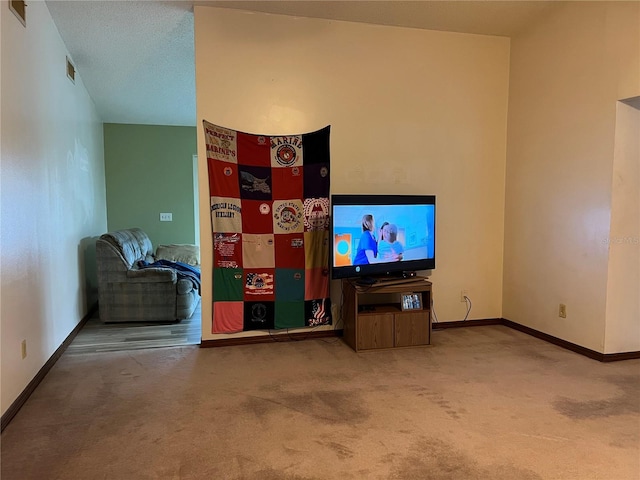 carpeted living room featuring a textured ceiling