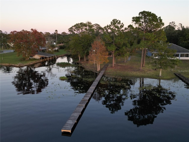 view of water feature with a dock