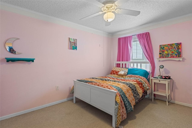 bedroom featuring ceiling fan, ornamental molding, light carpet, and a textured ceiling