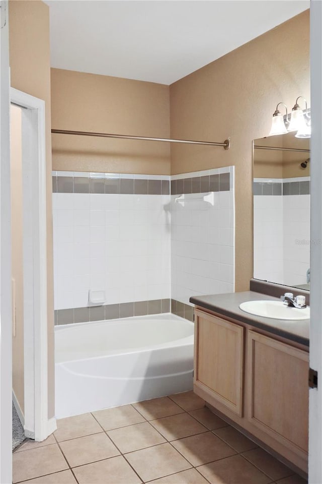 bathroom featuring shower / tub combination, tile patterned flooring, and vanity