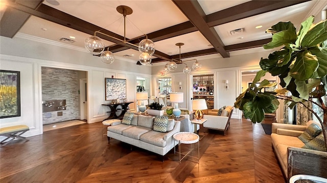 living room with coffered ceiling, dark parquet floors, and beamed ceiling