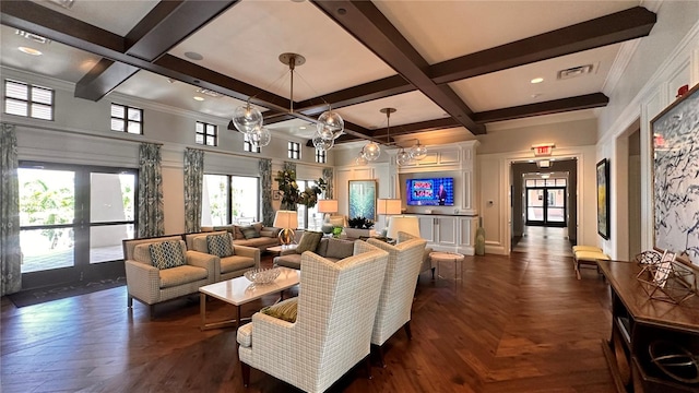 living room featuring coffered ceiling, french doors, dark parquet floors, and ornamental molding