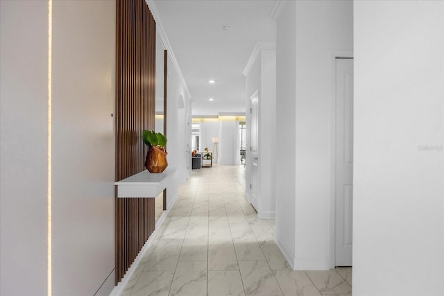 hallway featuring crown molding