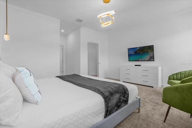 carpeted bedroom featuring ornamental molding