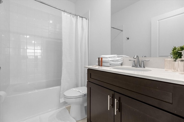 full bathroom with toilet, vanity, and shower / tub combo with curtain