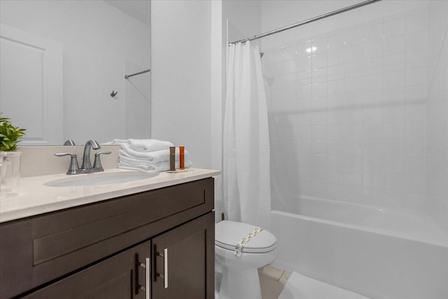 full bathroom featuring toilet, tile patterned flooring, shower / bathtub combination with curtain, and vanity