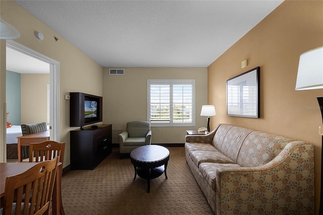 living room with a textured ceiling and carpet flooring