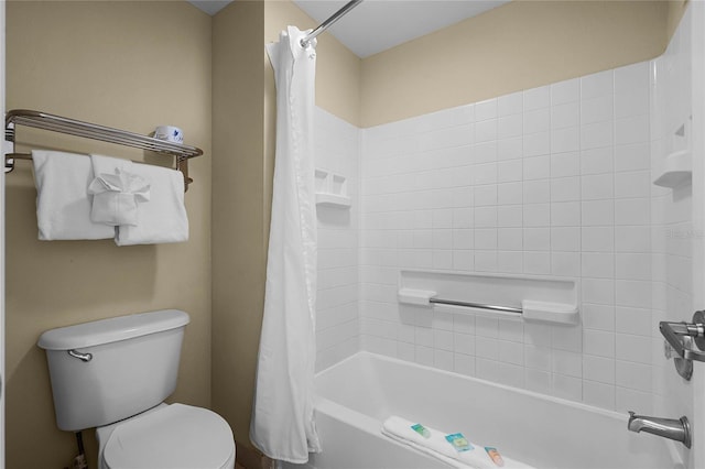 bathroom featuring toilet and shower / bathtub combination with curtain