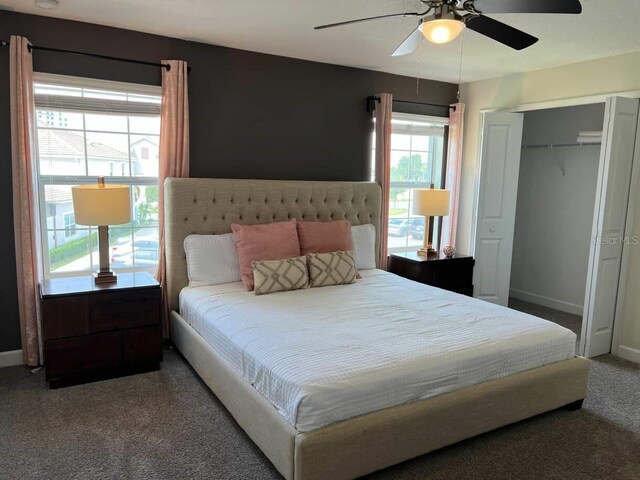 bedroom featuring ceiling fan, a closet, and carpet floors