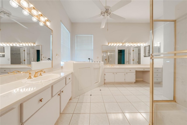 bathroom with ceiling fan, vanity, and tile patterned flooring