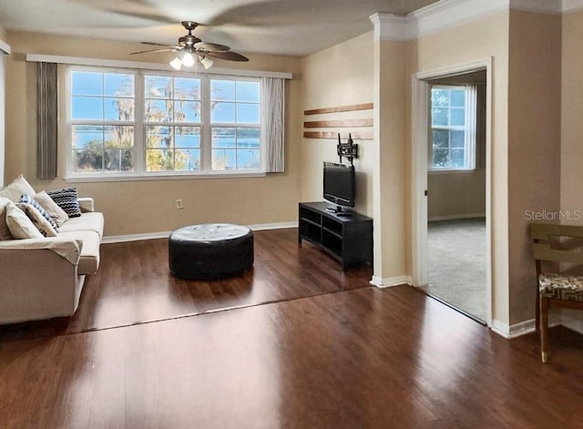 sitting room with ceiling fan, dark hardwood / wood-style floors, and crown molding