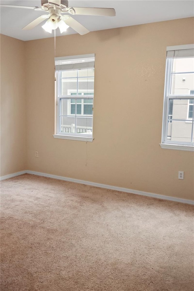 spare room with ceiling fan and carpet