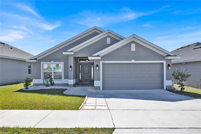 ranch-style house with a garage, a front lawn, concrete driveway, and stucco siding