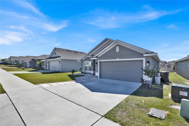 ranch-style home featuring concrete driveway, a front lawn, a residential view, and stucco siding