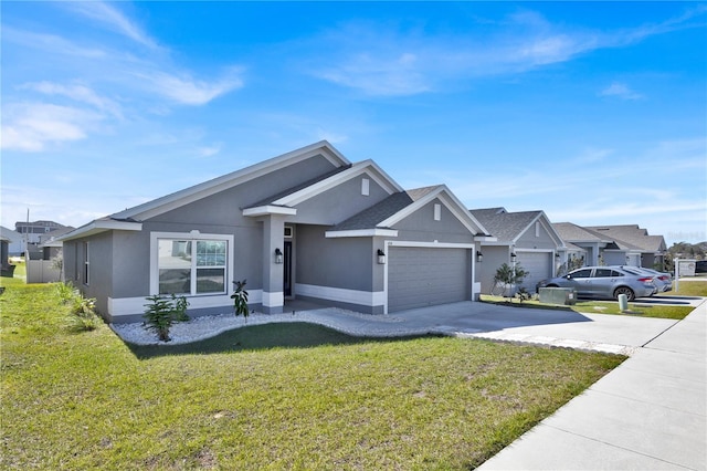 view of front of property featuring an attached garage, concrete driveway, a residential view, stucco siding, and a front lawn