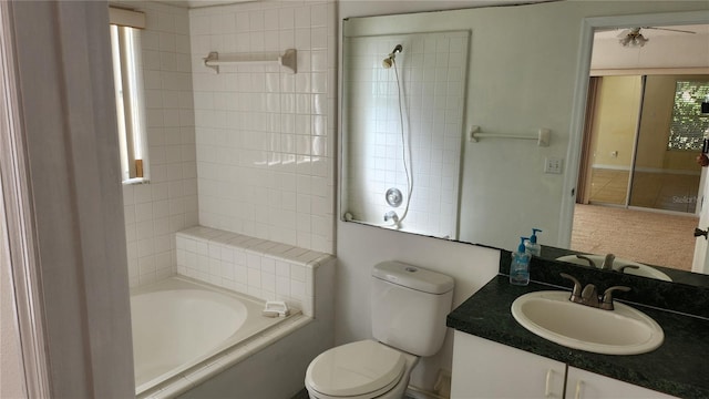 full bathroom with vanity, bathtub / shower combination, and toilet