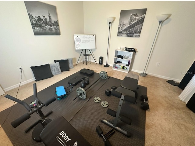 workout area featuring carpet flooring