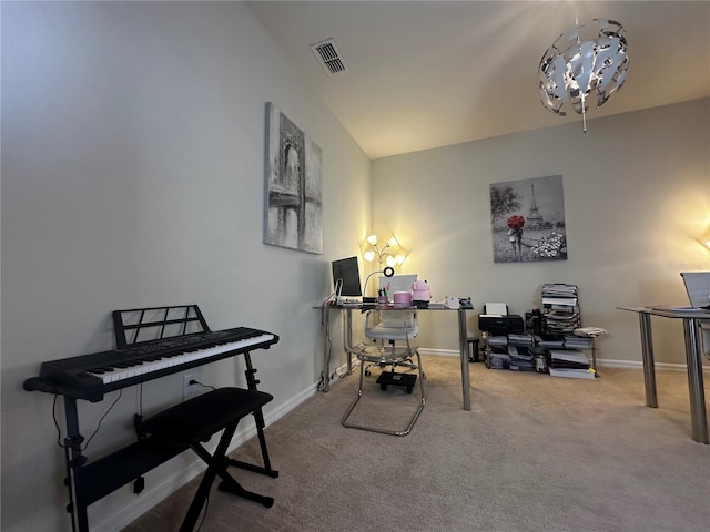 office featuring vaulted ceiling and carpet