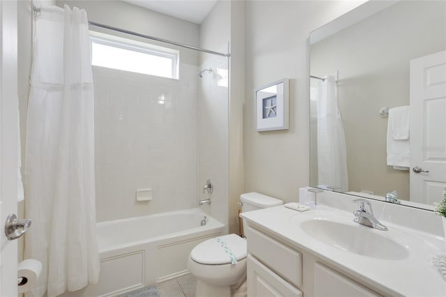 full bathroom featuring toilet, tile patterned flooring, shower / bathtub combination with curtain, and vanity