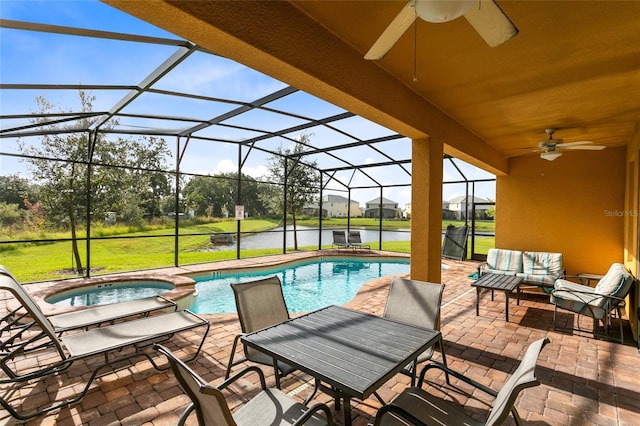 view of pool with glass enclosure, an in ground hot tub, a water view, outdoor lounge area, and a patio area