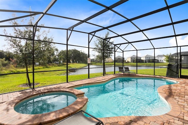 view of swimming pool with an in ground hot tub, a lanai, a yard, and a water view