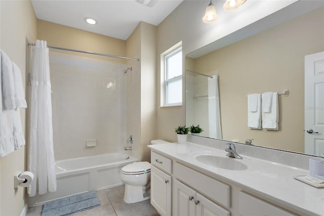 full bathroom with toilet, tile patterned floors, shower / bathtub combination with curtain, and vanity