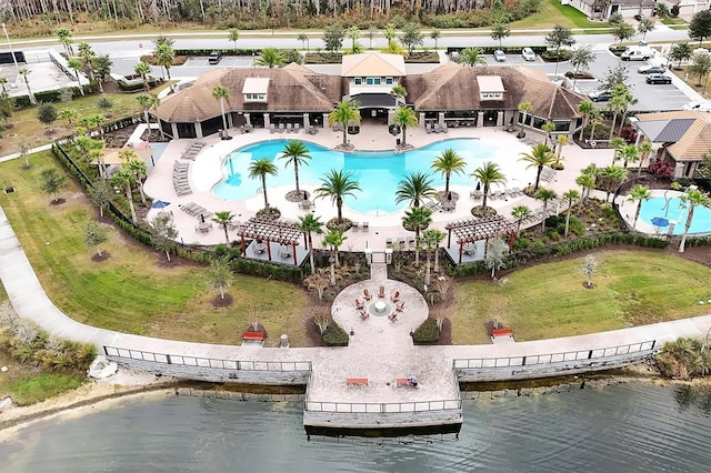 aerial view featuring a water view