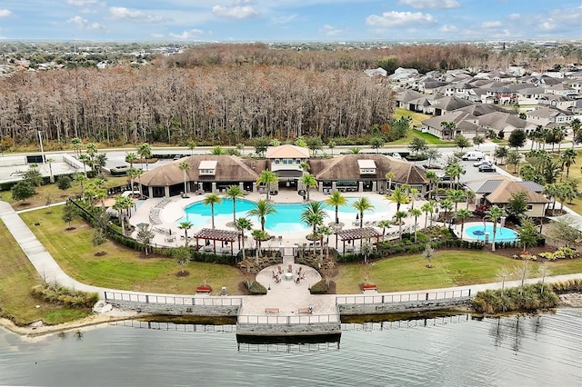 drone / aerial view with a water view