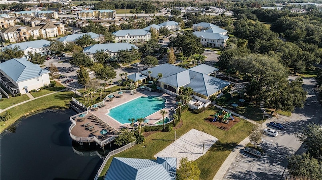 drone / aerial view featuring a water view