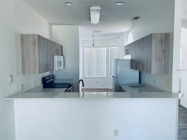 kitchen with kitchen peninsula, sink, and stainless steel appliances