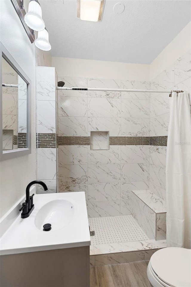 bathroom featuring toilet, vanity, and a shower with shower curtain