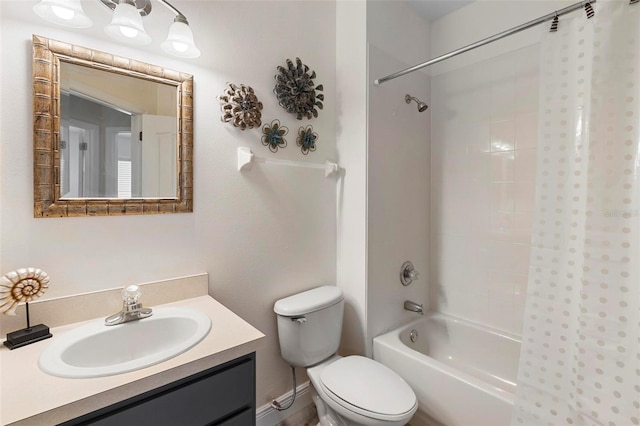 full bathroom featuring toilet, vanity, and shower / bathtub combination with curtain