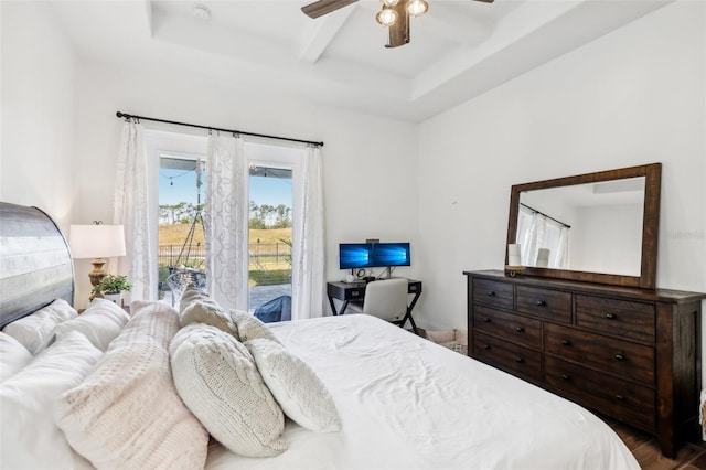 bedroom featuring ceiling fan, beam ceiling, access to outside, and dark wood-type flooring