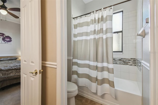 bathroom featuring ornamental molding, shower / bath combination with curtain, ceiling fan, and toilet