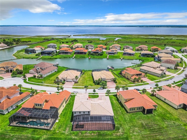 drone / aerial view featuring a water view