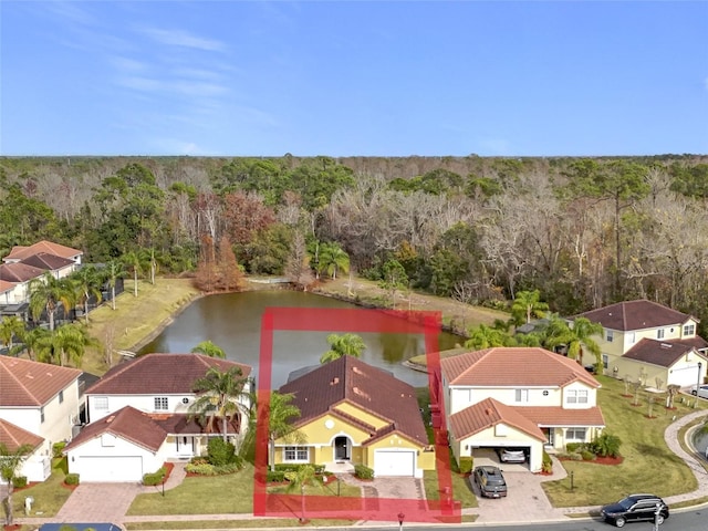 drone / aerial view featuring a water view