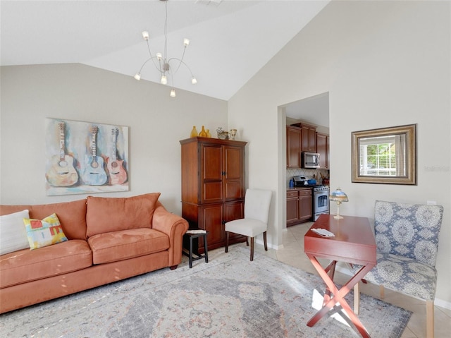 living room featuring lofted ceiling, light tile patterned floors, and an inviting chandelier