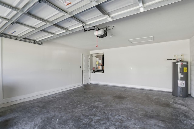 garage with heating unit, a garage door opener, and electric water heater