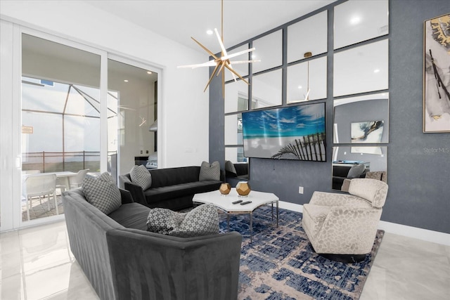 living room featuring a chandelier