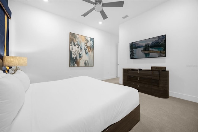 carpeted bedroom featuring ceiling fan