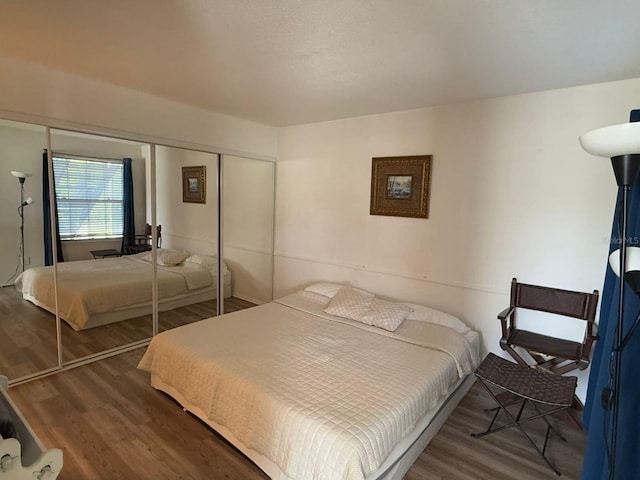 bedroom featuring dark hardwood / wood-style floors and a closet